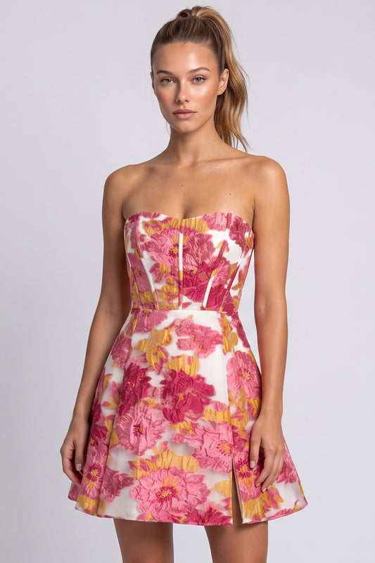 Pink Floral Jacquard Corset A Line Short Homecoming Dress with Slit