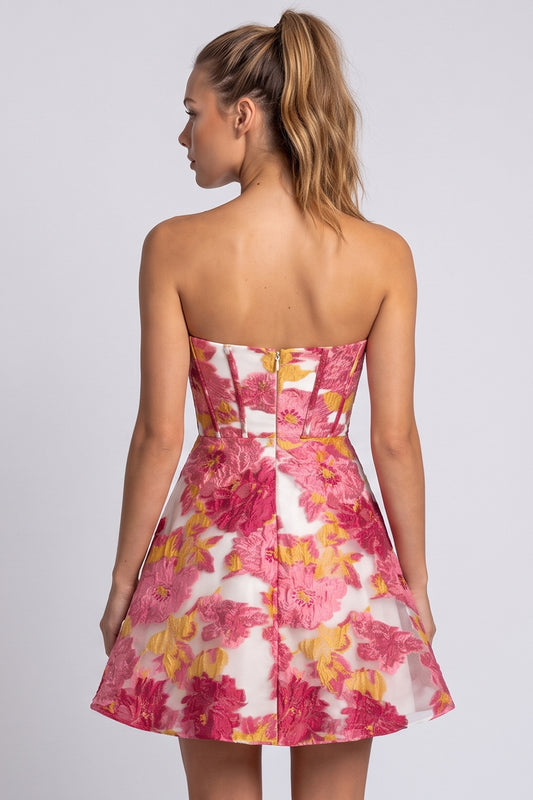 Pink Floral Jacquard Corset A Line Short Homecoming Dress with Slit