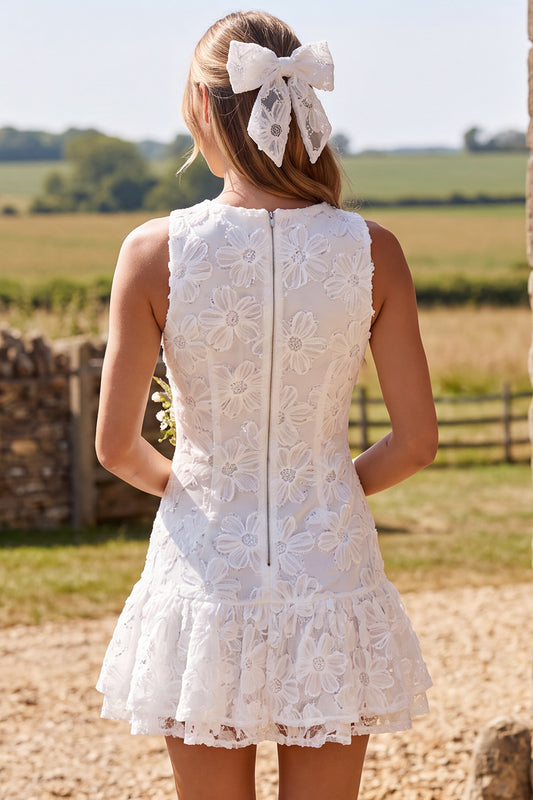 Ivory Floral Lace A Line Round Neck Short Boho Wedding Dress