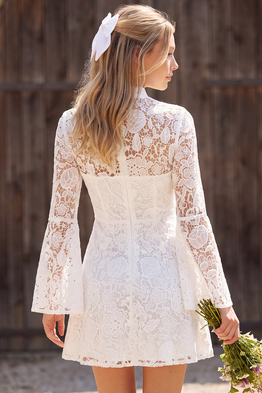 Ivory Lace A Line High Neck Long Flare Sleeves Short Boho Wedding Dress