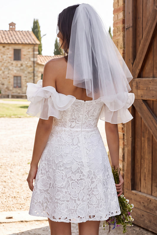 Ivory Floral A Line Lace Ruffled Short Boho Wedding Dress