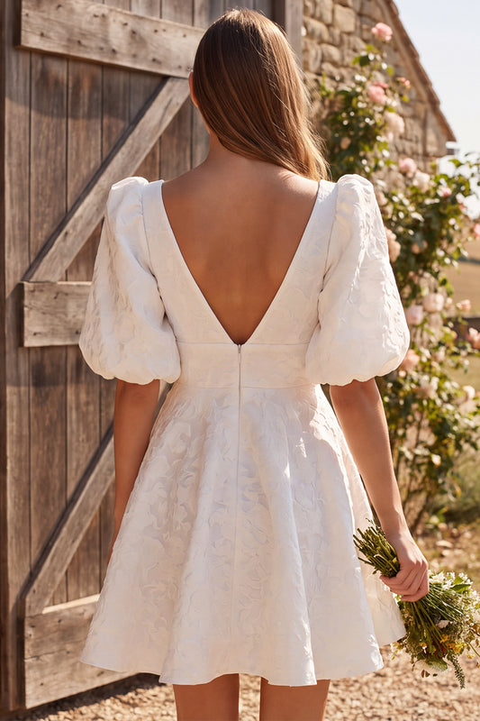 Ivory A Line V-Neck Short Jacquard Puff Sleeves Wedding Dress