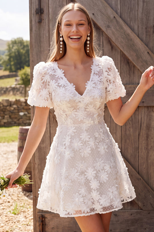 Ivory A Line Floral V-Neck Short Wedding Dress with Sleeves