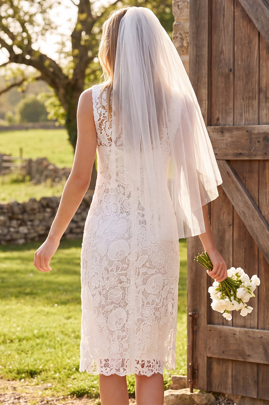 Ivory Floral Bodycon Boat Neck Lace Midi Boho Wedding Dress