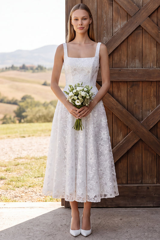 Floral Ivory A Line Sequin Lace Corset Midi Boho Wedding Dress