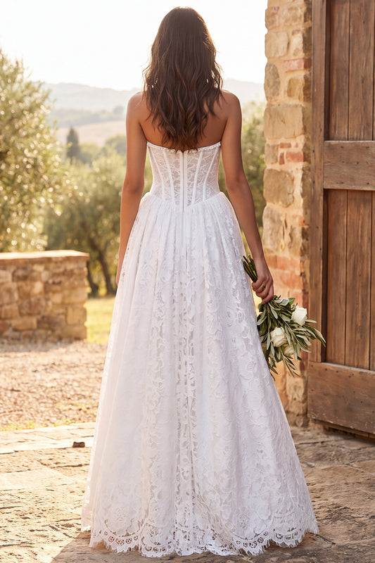 Ivory Corset A Line Sweetheart Lace Long Boho Wedding Dress with Pearls