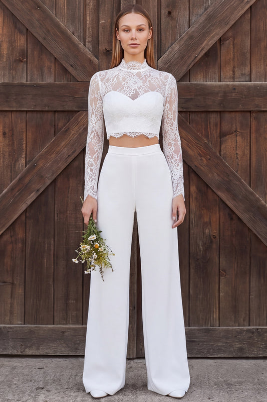 Ivory Lace Long Sleeves High Neck Two Piece Wedding Outfits