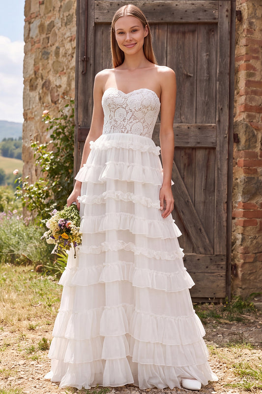 Ivory Chiffon Floral A Line Tiered Ruffled Long Beach Wedding Dress