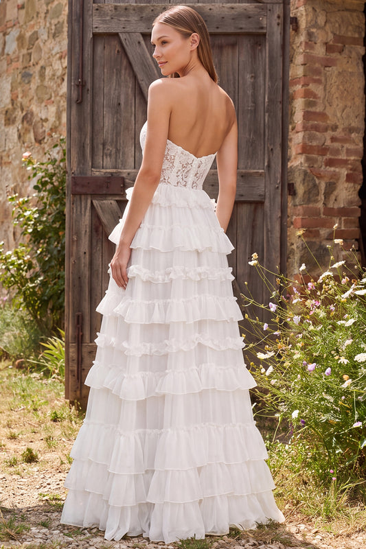 Ivory Chiffon Floral A Line Tiered Ruffled Long Beach Wedding Dress