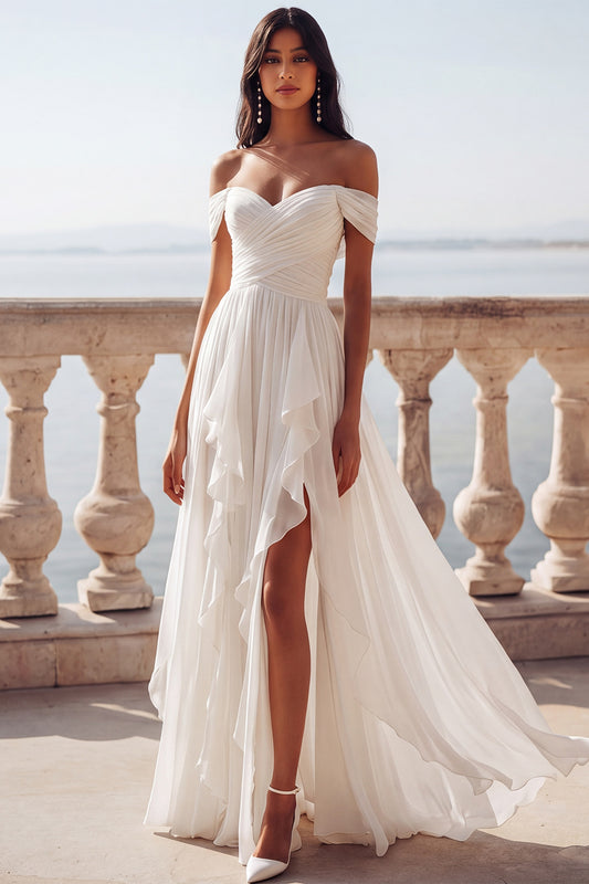 Ivory A Line Chiffon Pleated Sweep Train Beach Wedding Dress with Slit