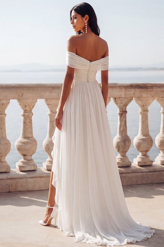 Ivory A Line Chiffon Pleated Sweep Train Beach Wedding Dress with Slit