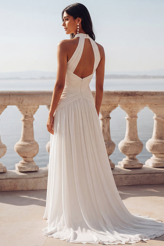 Ivory Halter Chiffon Keyhole Sweep Train Ruched Beach Wedding Dress with Slit