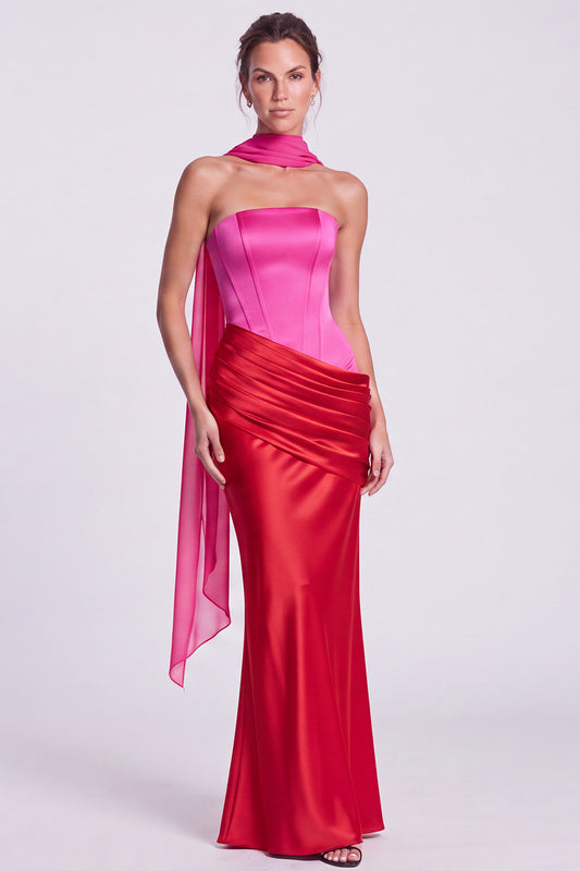 Fuchsia and Red Corset Satin Strapless Mermaid Draped Long Formal Dress