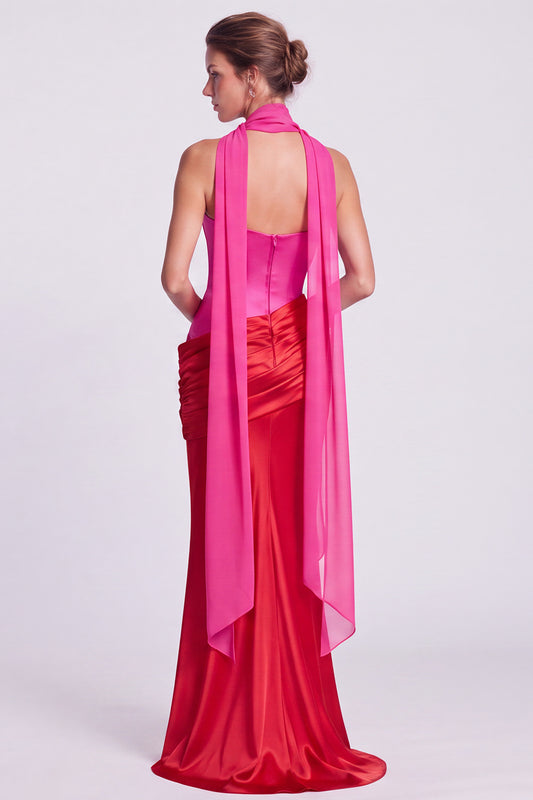 Fuchsia and Red Corset Satin Strapless Mermaid Draped Long Formal Dress