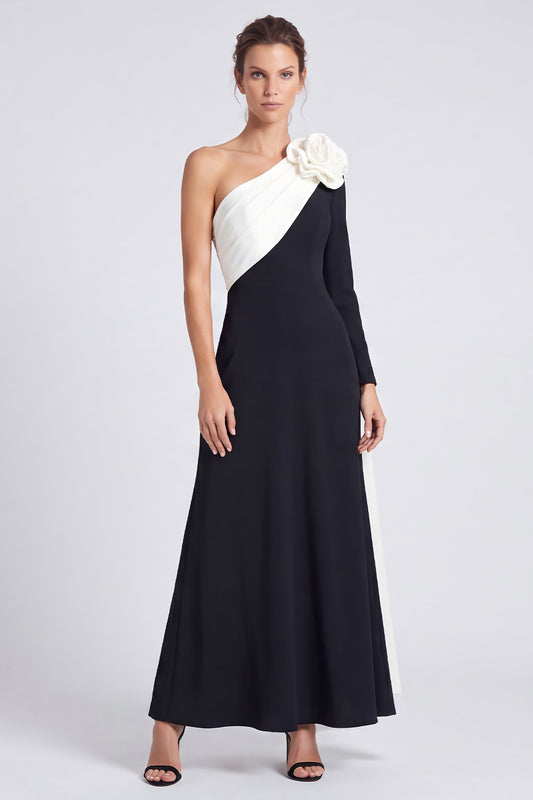 White and Black Floral A Line Ruched Long Formal Dress with Sash