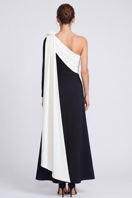 White and Black Floral A Line Ruched Long Formal Dress with Sash