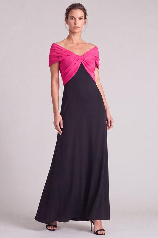 A Line Fuchsia and Black Off The Shoulder Ruched Long Formal Dress