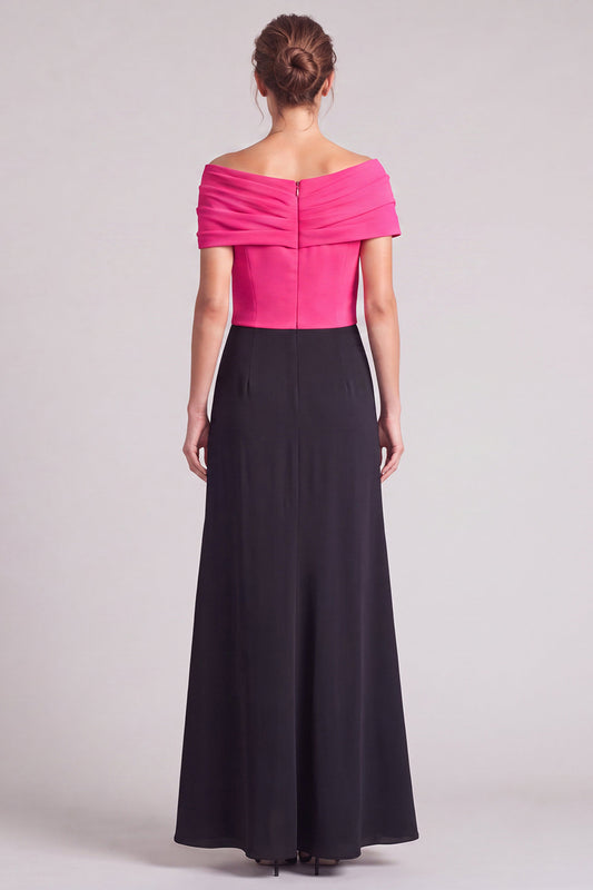 A Line Fuchsia and Black Off The Shoulder Ruched Long Formal Dress