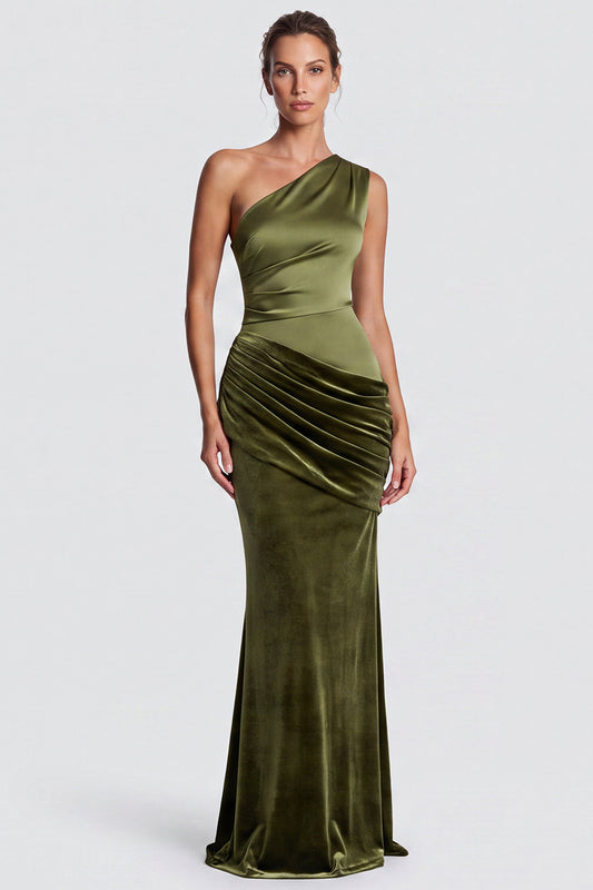 Olive One Shoulder Mermaid Draped Velvet Long Formal Dress