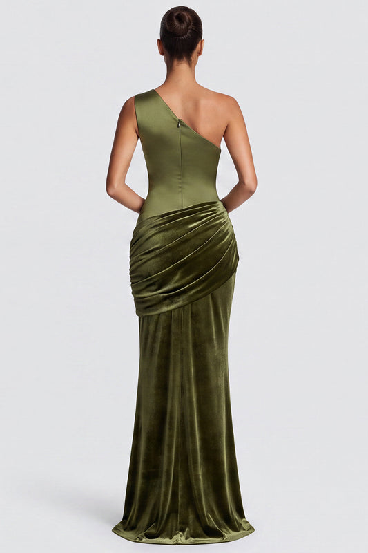 Olive One Shoulder Mermaid Draped Velvet Long Formal Dress