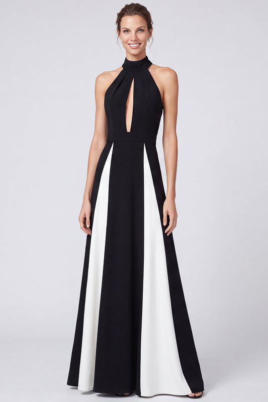 Black and White Patchwork Halter A Line Keyhole Long Formal Dress