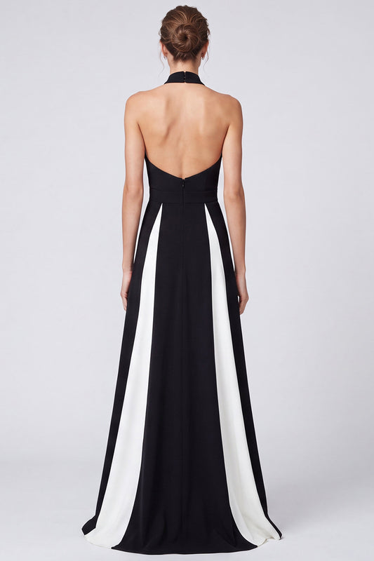 Black and White Patchwork Halter A Line Keyhole Long Formal Dress