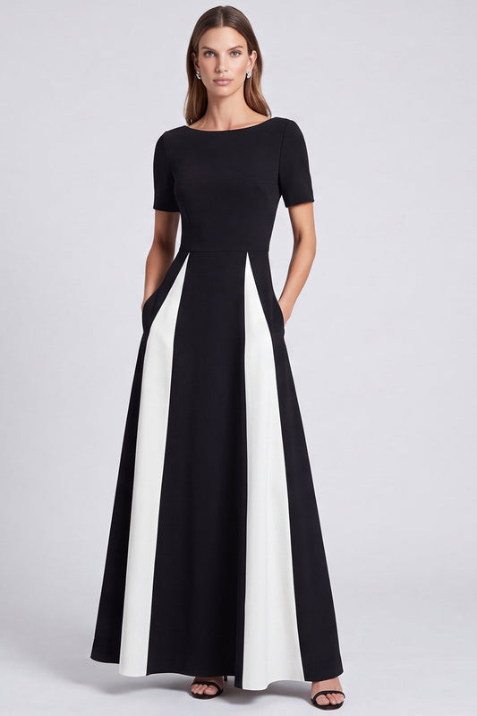 Black and White A Line Boat Neck Long Formal Dress with Pockets