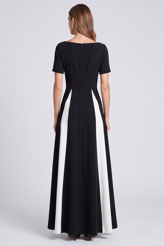 Black and White A Line Boat Neck Long Formal Dress with Pockets
