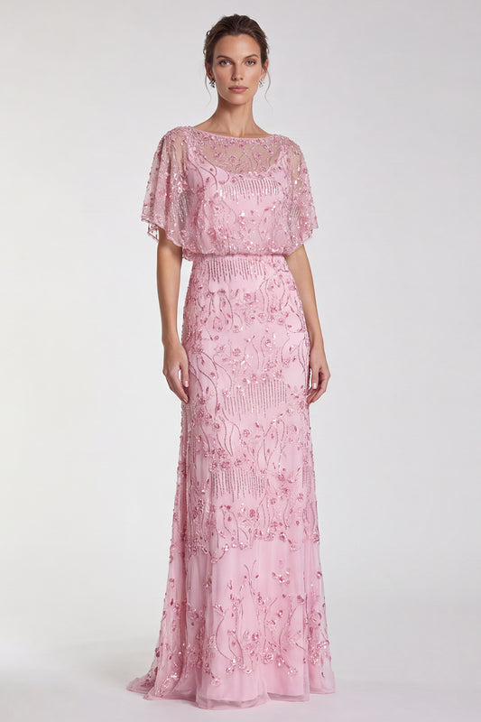 Pink Floral Mermaid Sparkly Sequin Long Formal Dress with Sleeves