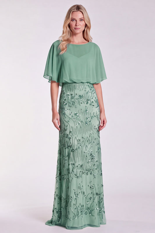 Floral Sage Green Mermaid Sparkly Sequin Long Formal Dress with Sleeves