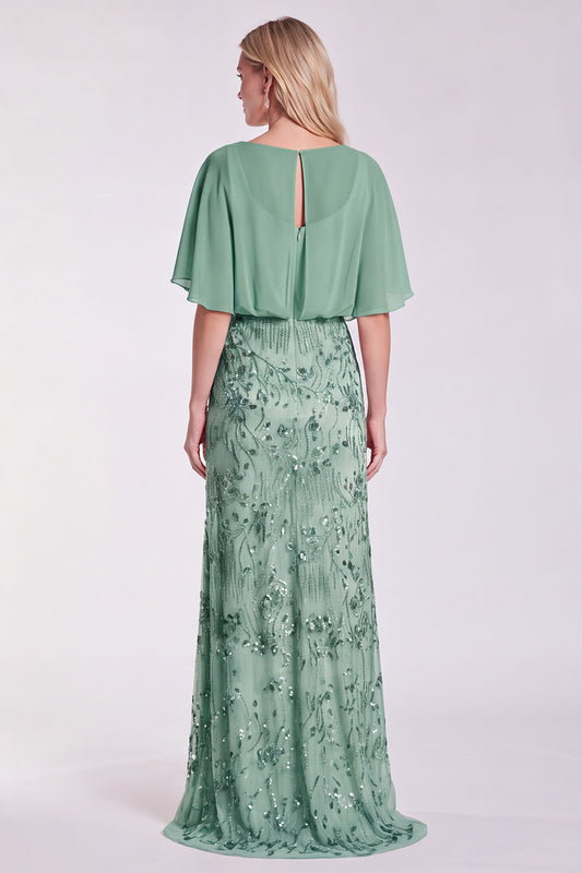 Floral Sage Green Mermaid Sparkly Sequin Long Formal Dress with Sleeves