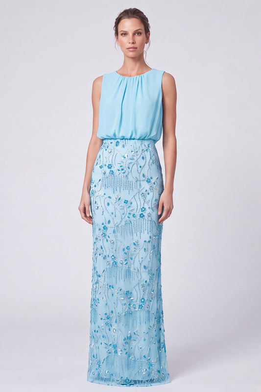 Sky Blue Floral Sheath Sparkly Sequin Long Formal Dress