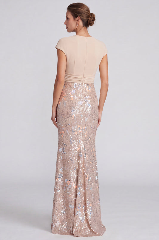 Champagne Sequin Sparkly Mermaid V-Neck Long Formal Dress