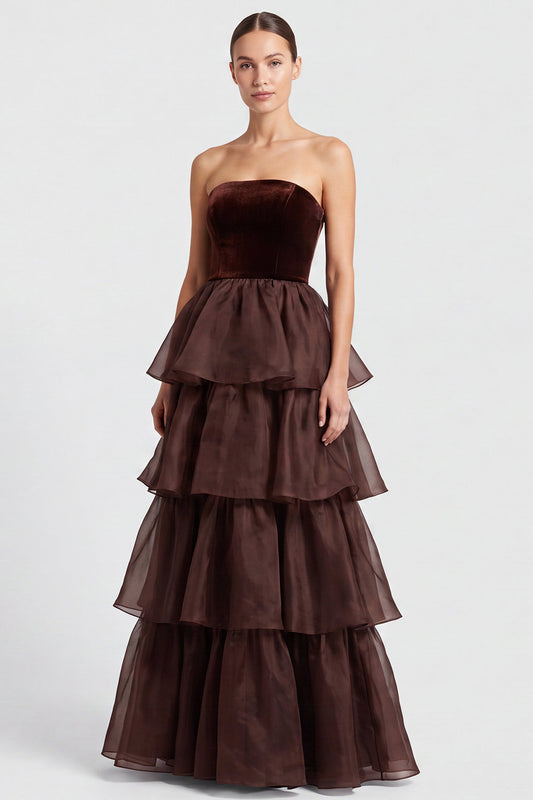 Brown A Line Tiered Ruffled Strapless Long Formal Dress