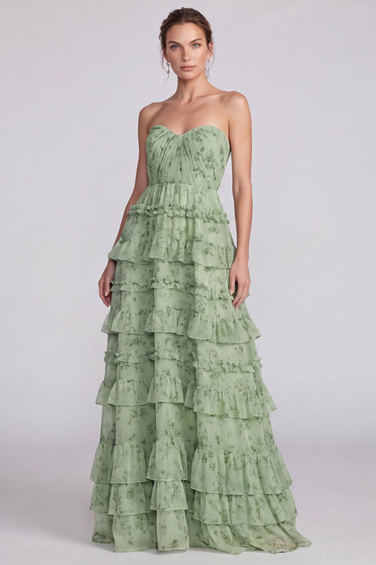 A Line Sage Green Floral Tiered Ruffled Sweetheart Long Formal Dress