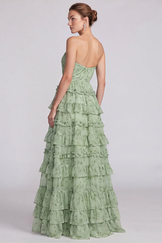 A Line Sage Green Floral Tiered Ruffled Sweetheart Long Formal Dress