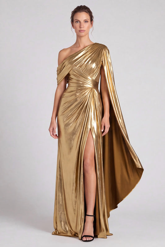 Gold Metallic One Shoulder Sheath Ruched Long Formal Dress with Slit