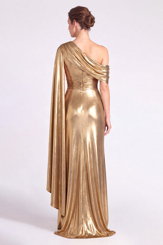 Gold Metallic One Shoulder Sheath Ruched Long Formal Dress with Slit