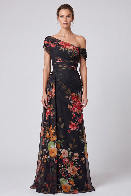 Black Floral A Line One Shoulder Long Formal Dress with Side Cape