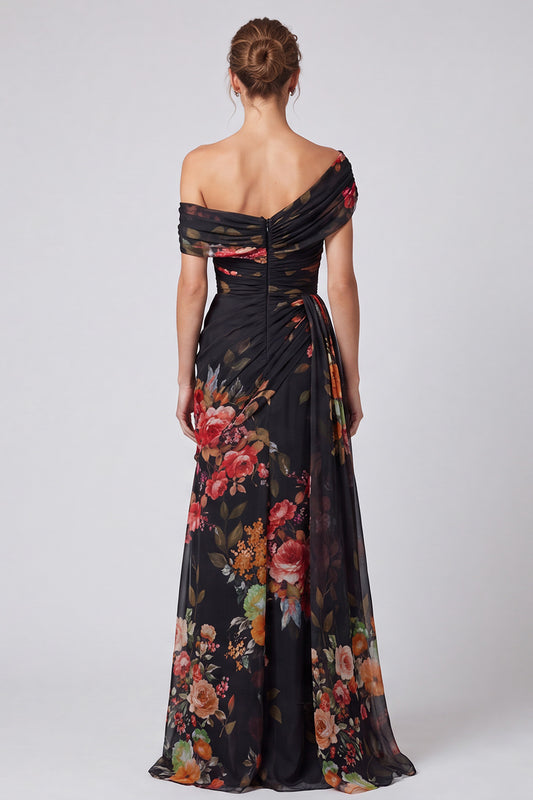 Black Floral A Line One Shoulder Long Formal Dress with Side Cape