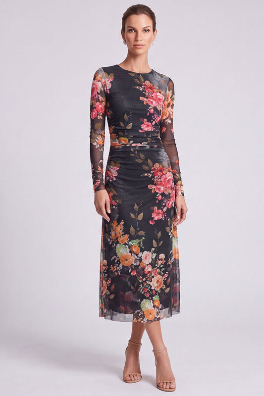 Black Floral Bodycon Round Neck Midi Formal Dress with Sleeves