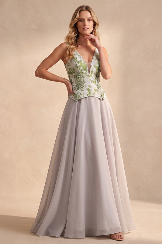 Light Grey A Line V-Neck Floral Jacquard Corset Long Wedding Guest Dress
