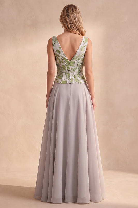 Light Grey A Line V-Neck Floral Jacquard Corset Long Wedding Guest Dress