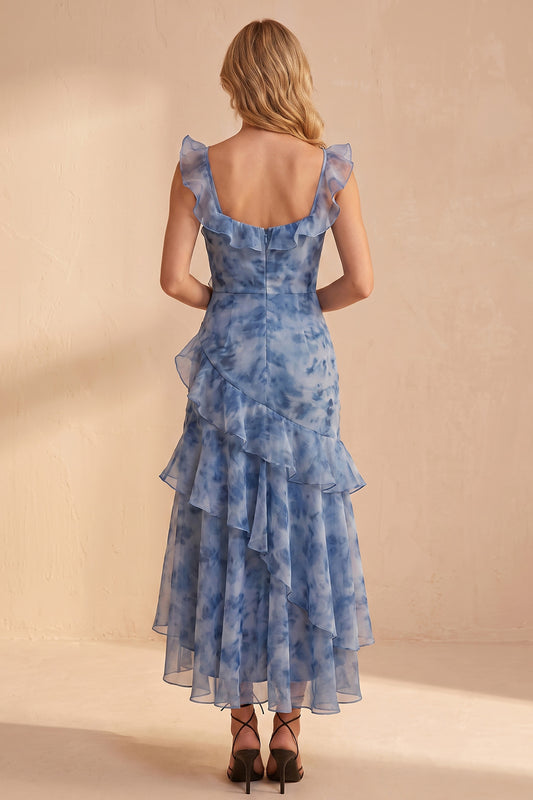 Dusty Blue Floral Ruched Ruffled V-Neck High-Low Beach Wedding Guest Dress