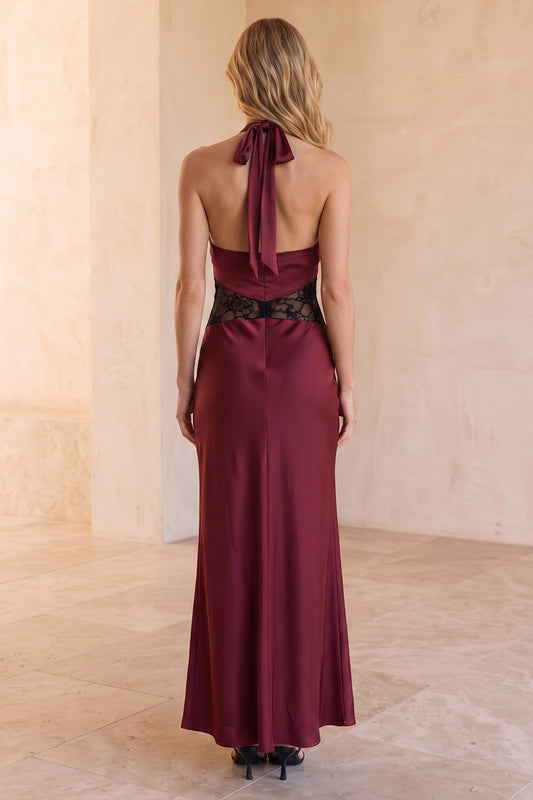 Burgundy Sheath Halter Satin Long Wedding Guest Dress with Lace