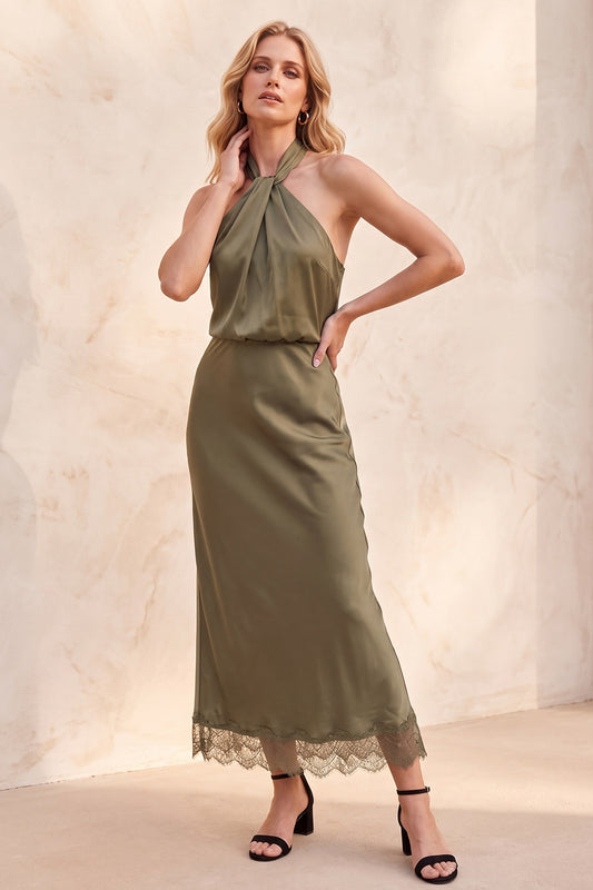 Olive Satin Sheath Halter Backless Long Wedding Guest Dress with Lace