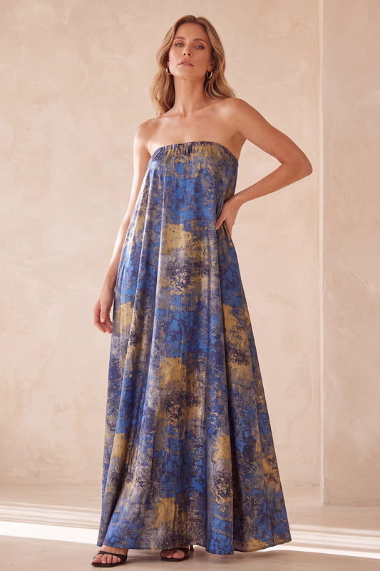 Blue Strapless Jacquard Pleated Long Wedding Guest Dress with Pocket
