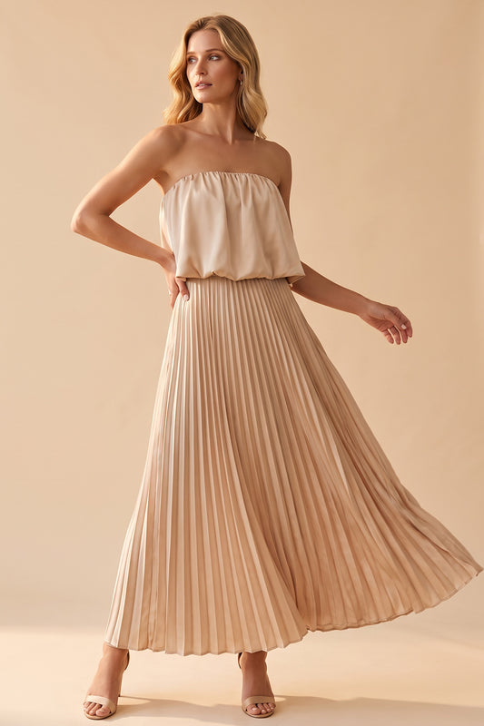 Champagne Strapless Satin Pleated A Line Long Wedding Guest Dress