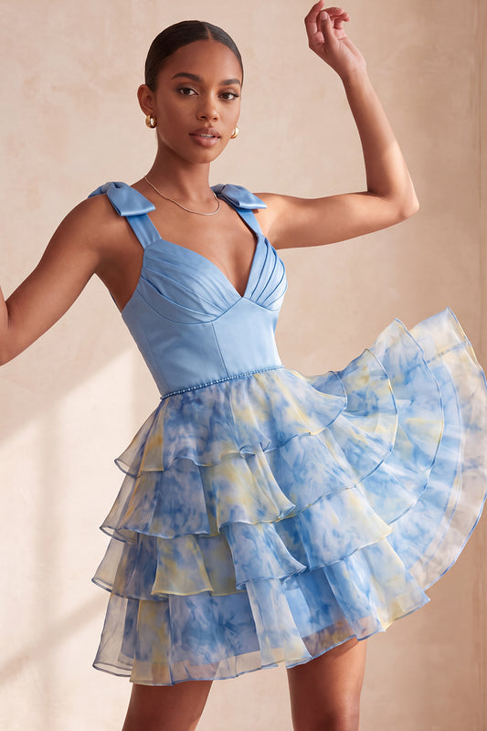 Grey Blue V-Neck Tiered Ruffled Short Homecoming Dress with Bows