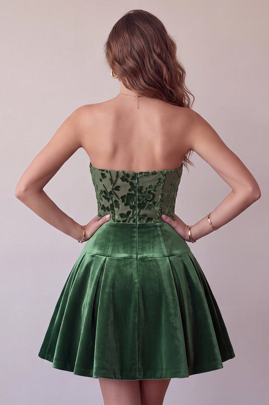 Dark Green Floral Velvet A Line Ruched Short Homecoming Dress